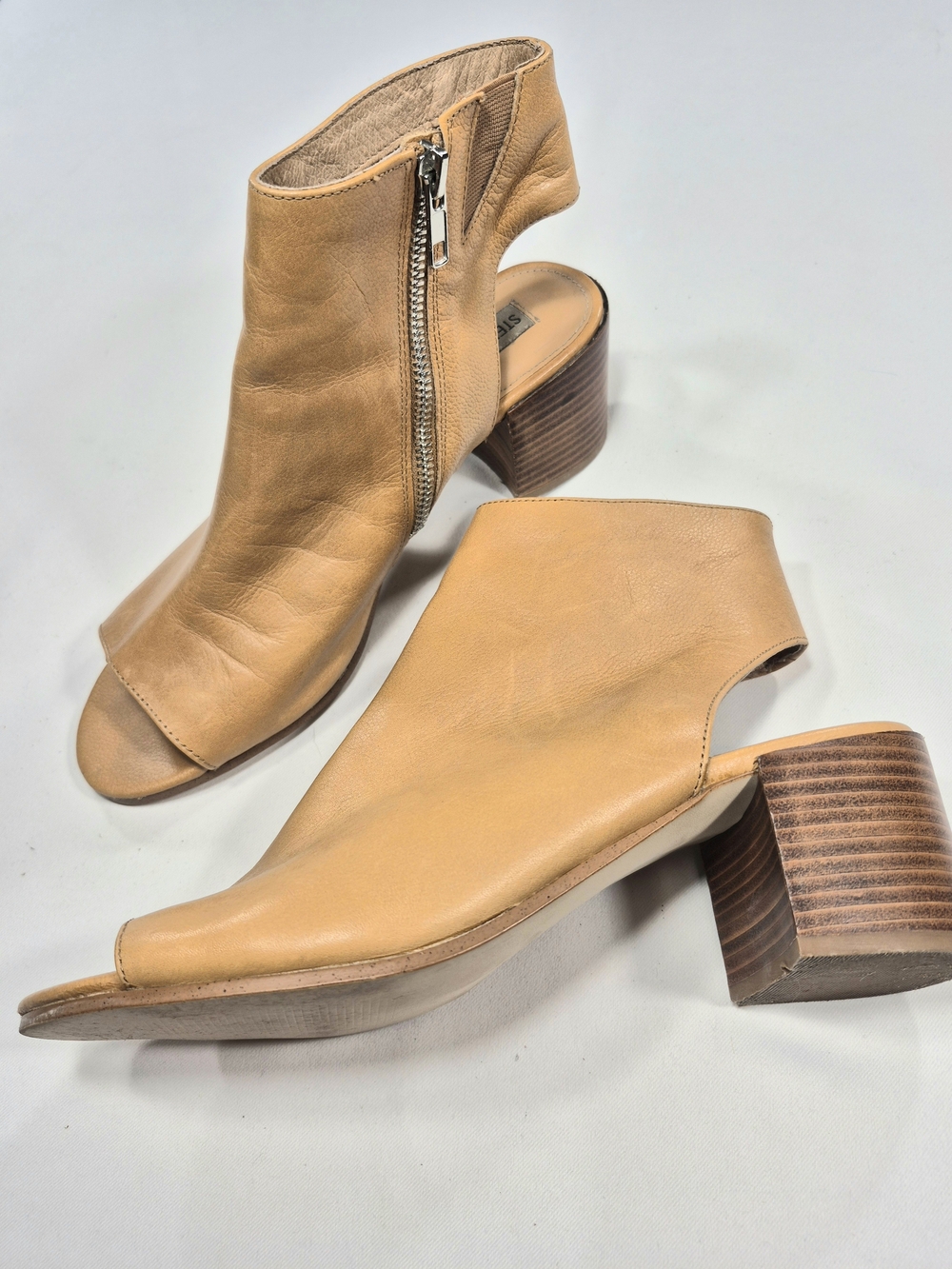 Steve Madden Tan Leather Open-Toe Block Heel Booties
